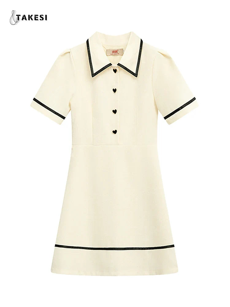 Women's Summer Puff Sleeves Turndown Collar Polo Shirt Dress French Cute Classic Preppy Style Golf Tennis Mini Dresses Y2K Beige