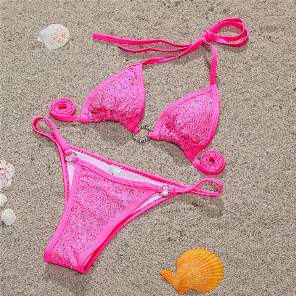Sexy Shiny Crystal Swimwear Rhinestone Diammond Triangle Bikini Black Bandage Women Bathing Suits Rose Red