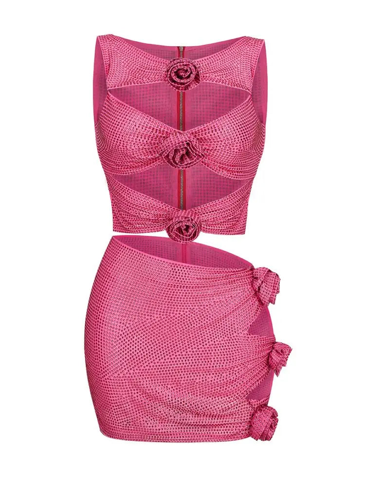 Women'S Luxury Party Dress Sparkly Silver Rhinestone Sexy Cut Out Beautiful 3D Flowers Decoration Tank Mini Dress Vestido Rose Red