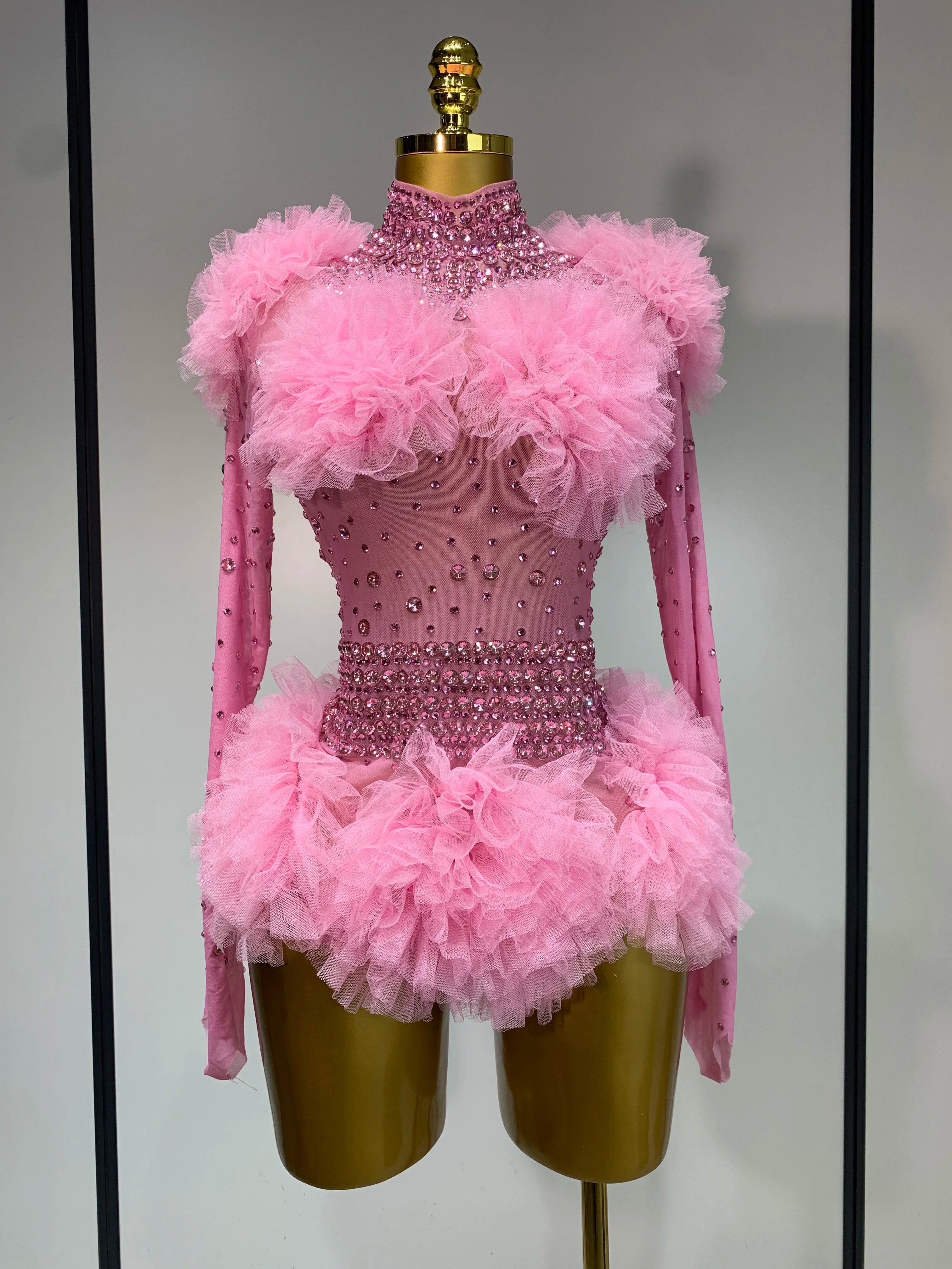 Sexy See Through Luxury Rhinestone Bodysuit Women Sexy Bodycon Mesh Ruffles Performance Dance Singer Nightclub Stage Outfit Pink