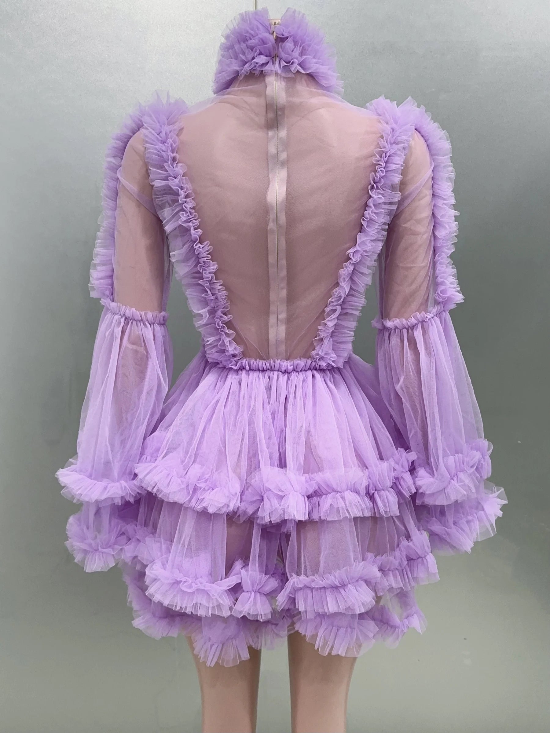 Purple Color Women Sexy Puff Sleeve Mesh Ruffles Mini Dress Birthday Celebrate Party Girls' Photo Shoot Wear Vestido