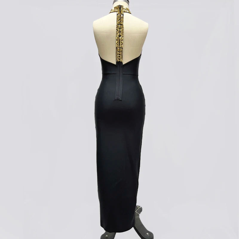 Golden Beading Women Sexy Off the Shoulder Bodycon Long Bandage Dress Fashion Celebrate Evening Party Outfit