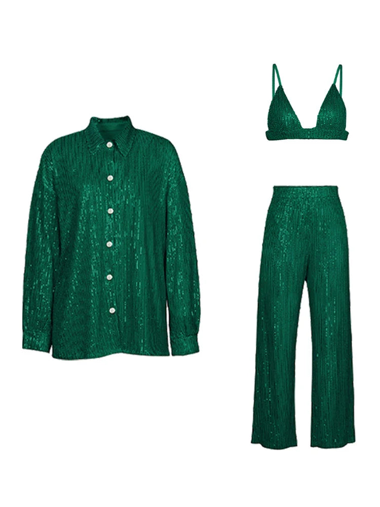 Tossy Sparkly Two-piece Set Party Outfits For Womens Sequin Top Blouse Shirt And Pants Suit Female Luxury Evening Tracksuit New Green Suit