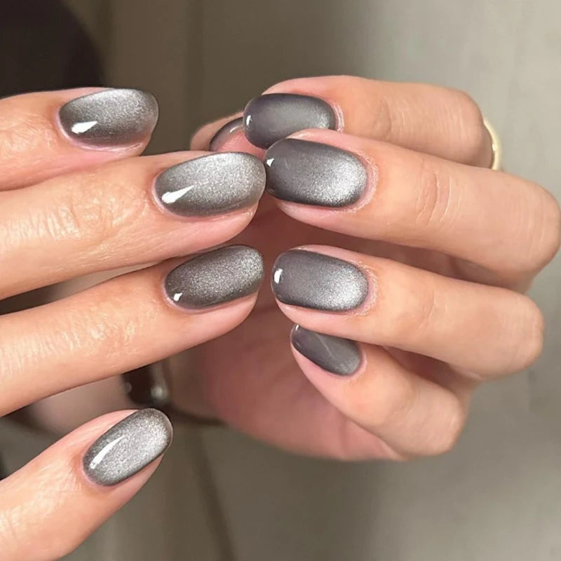 24pcs/set cat eyes fake nails for women girls red brown green blue grey sparkling short tips faux ongles press on false nail JP2658