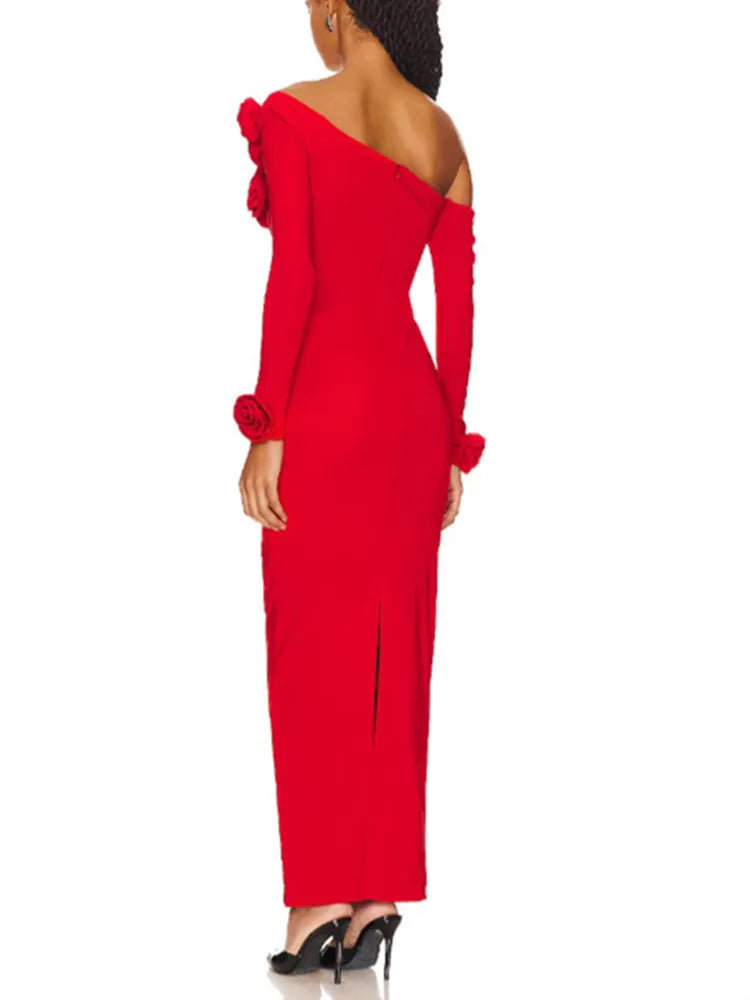 Women Celebrity Sexy Off Shoulder Flower Red Ruched Maxi Long Gowns Dress 2024 Elegant Evening Party Club Vestido