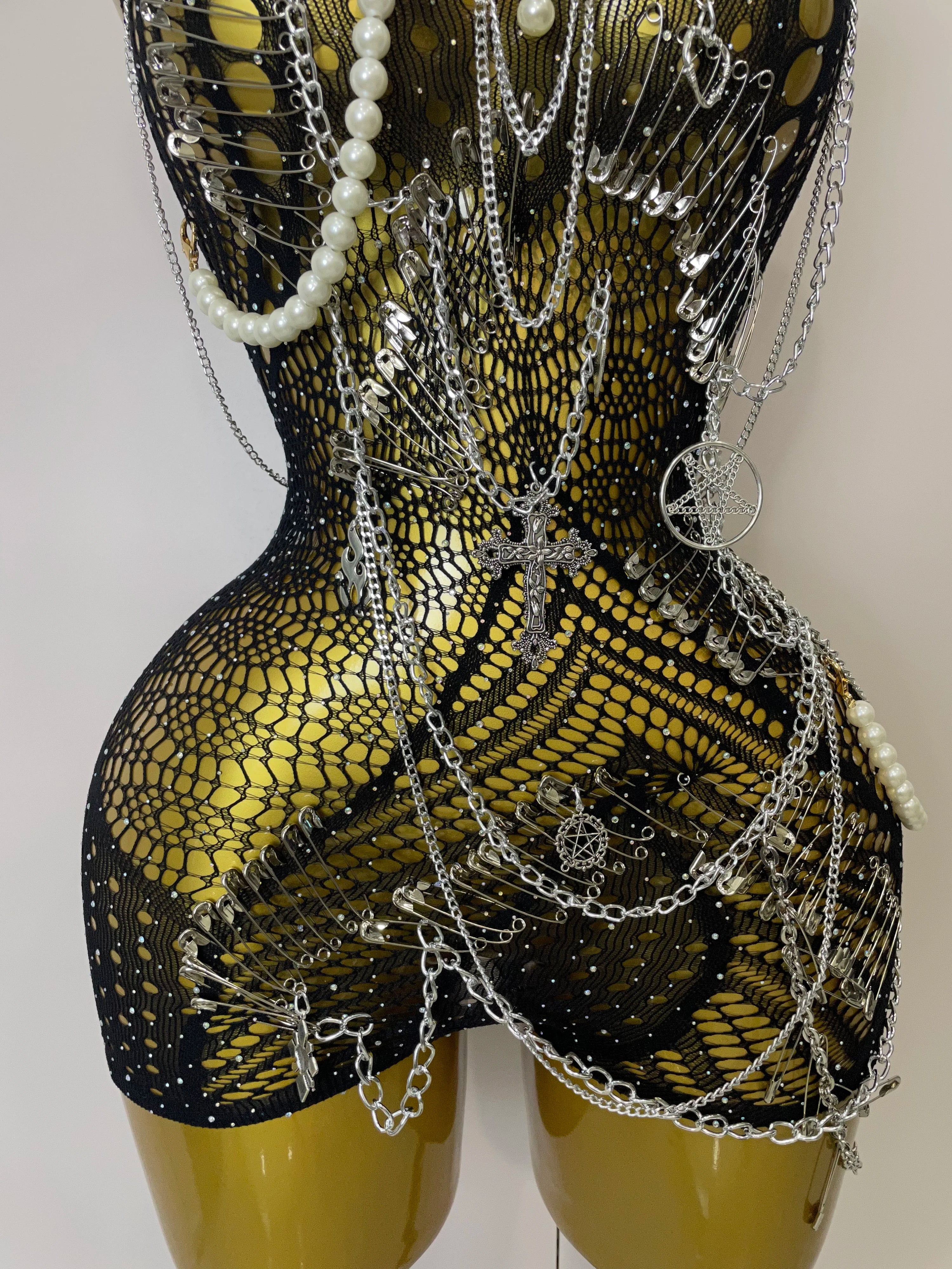 Women Sexy See-Through Bodysuit Black Pin Sheath Mini Dress Evening Birthday Party Nightclub Singer Dancer Performance Costume