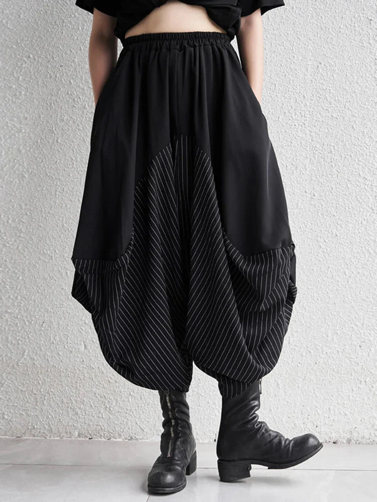 High Elastic Waist Black Striped Spliced Harem Trousers New Loose Fit Pants Women Fashion Tide Spring Summer 1DE0542