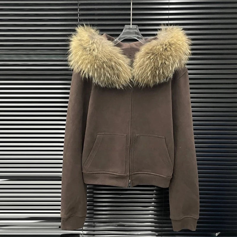 Autumn Winter New Large Fur Collar Brushed Sweatshirt for Women Fashion Detachable Design Hooded Jacket 11A07536 Brown
