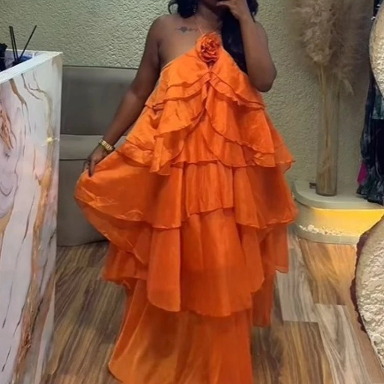 Women Sleeveless Ruffles Loose Ball Gown Smock Strap Maxi Long Sexy Dress 2025 Birthday Vacation Party Dresses Vestidos