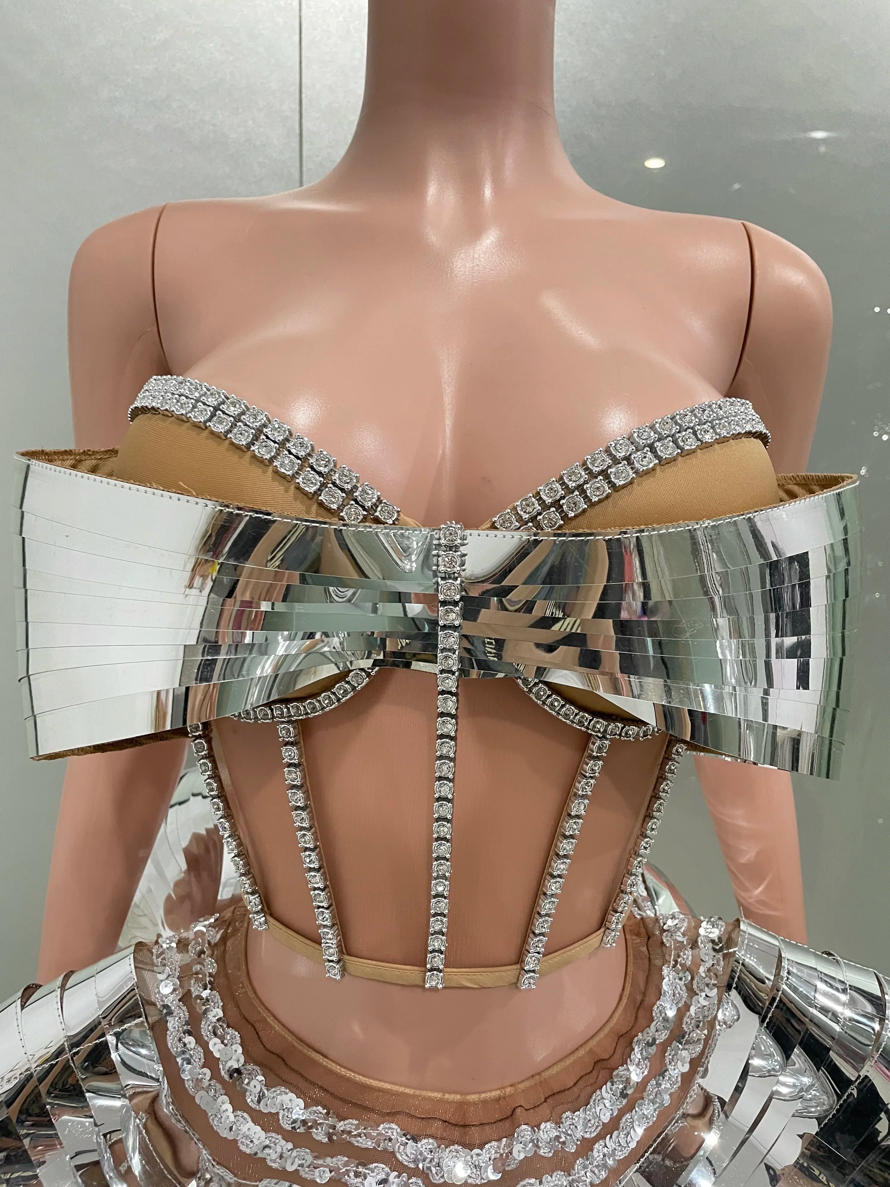 Sliver Mirror Surface Woman Set Stereoscopic Bows Strapless Tops And UFO Mini Skirt 2 Pieces Party Outfit Performance costume