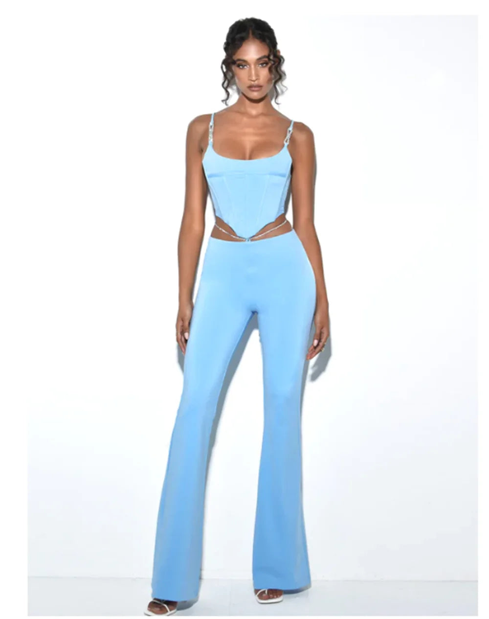 High quality Blue Black Chain Sexy Two Pieces Set Bodycon Rayon Bandage Set Evening Party Sexy Fashion Outfit