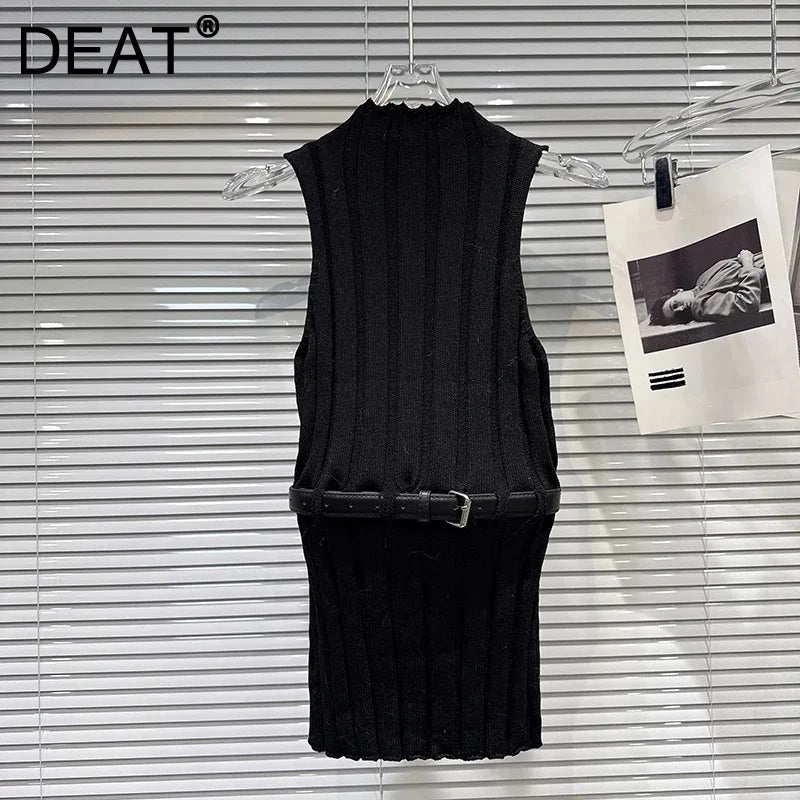 Winter New Fashion Off-Shoulder Belted Slim Knitted Vest For Women Solid Color Versatile Long Sleeveless Top 11A07505