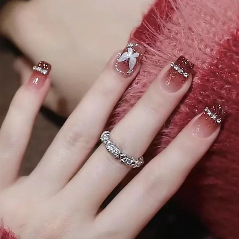 24Pcs Mid-length Gradient Finger Nails with White Butterfly Pattern Designs French Fake Nails Diamond Wearable Fashion Nail Tips 1