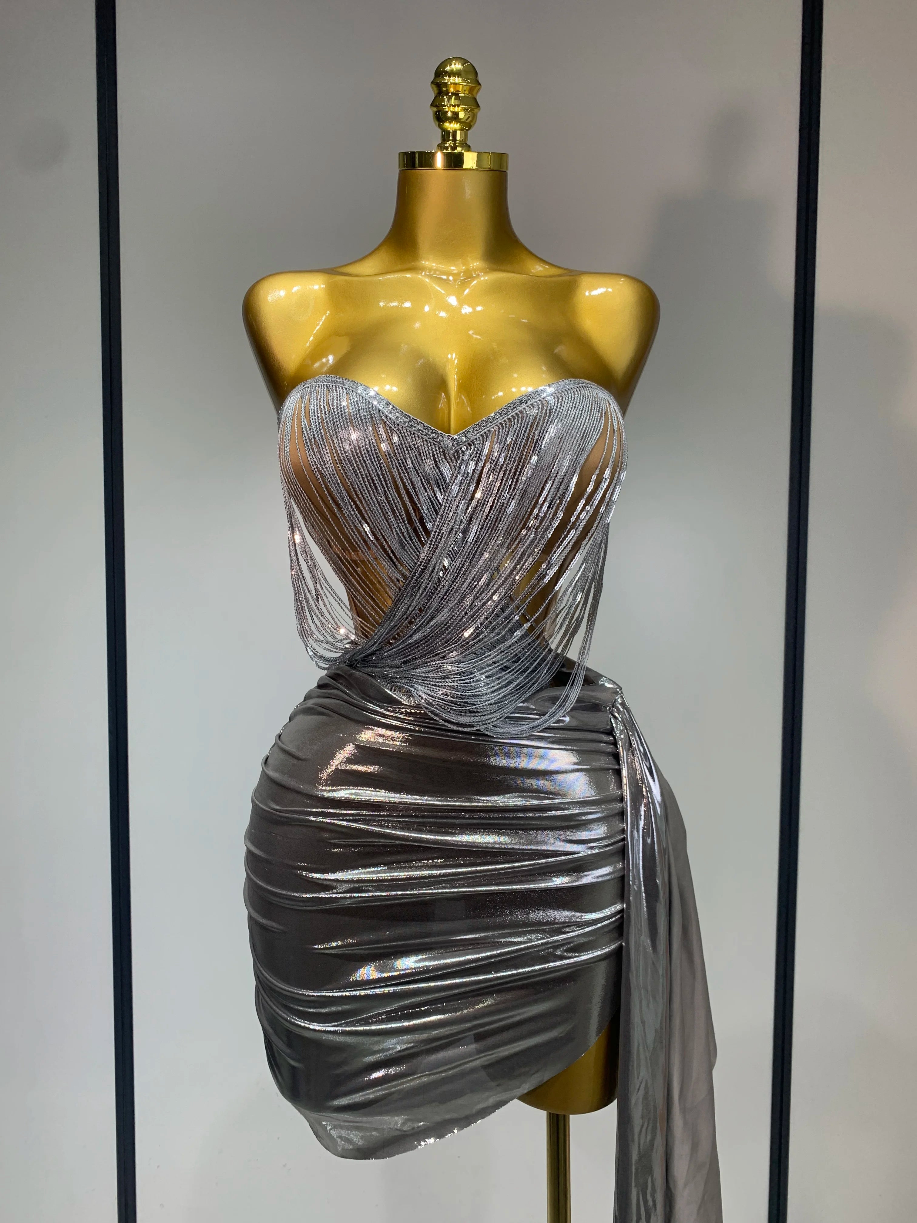 Sparkly Sequin Two Piece Set Sexy Strapless Backless Women Outfit Evening Party Nightclub Stage Performance Dance Costume Sliver