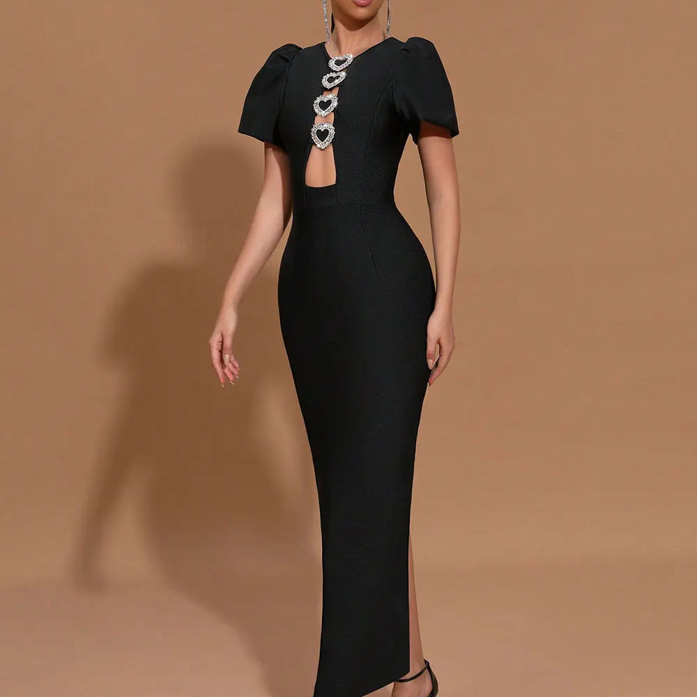 2025 Sexy Women Three-Dimensional Heart-Shaped Design Hollow Bandage Dress O-Neck Short Sleeved Bodycon Black Long Dress Vestido