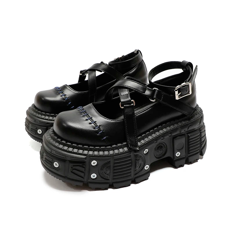 Punk Style Flat Platform Shoes Rivet Buckle Strap Mary Janes Cross Belt Black Leather Thick Bottom Shoes Women Sandals Summer As picture