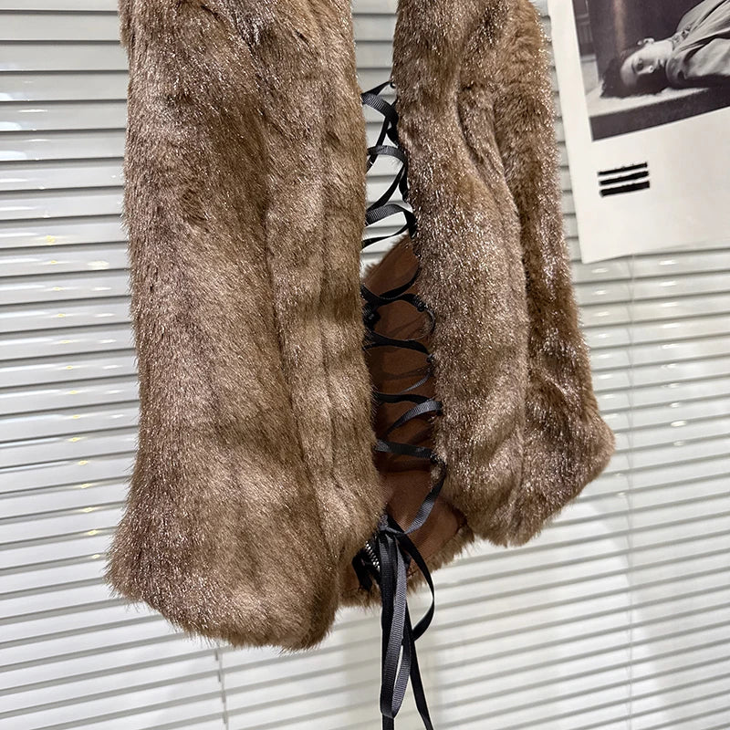 Winter New Fashion Style Back Bandage Design Furry Halter Neck Strap For Women Ring PU Leather Short Skirt 11A07894