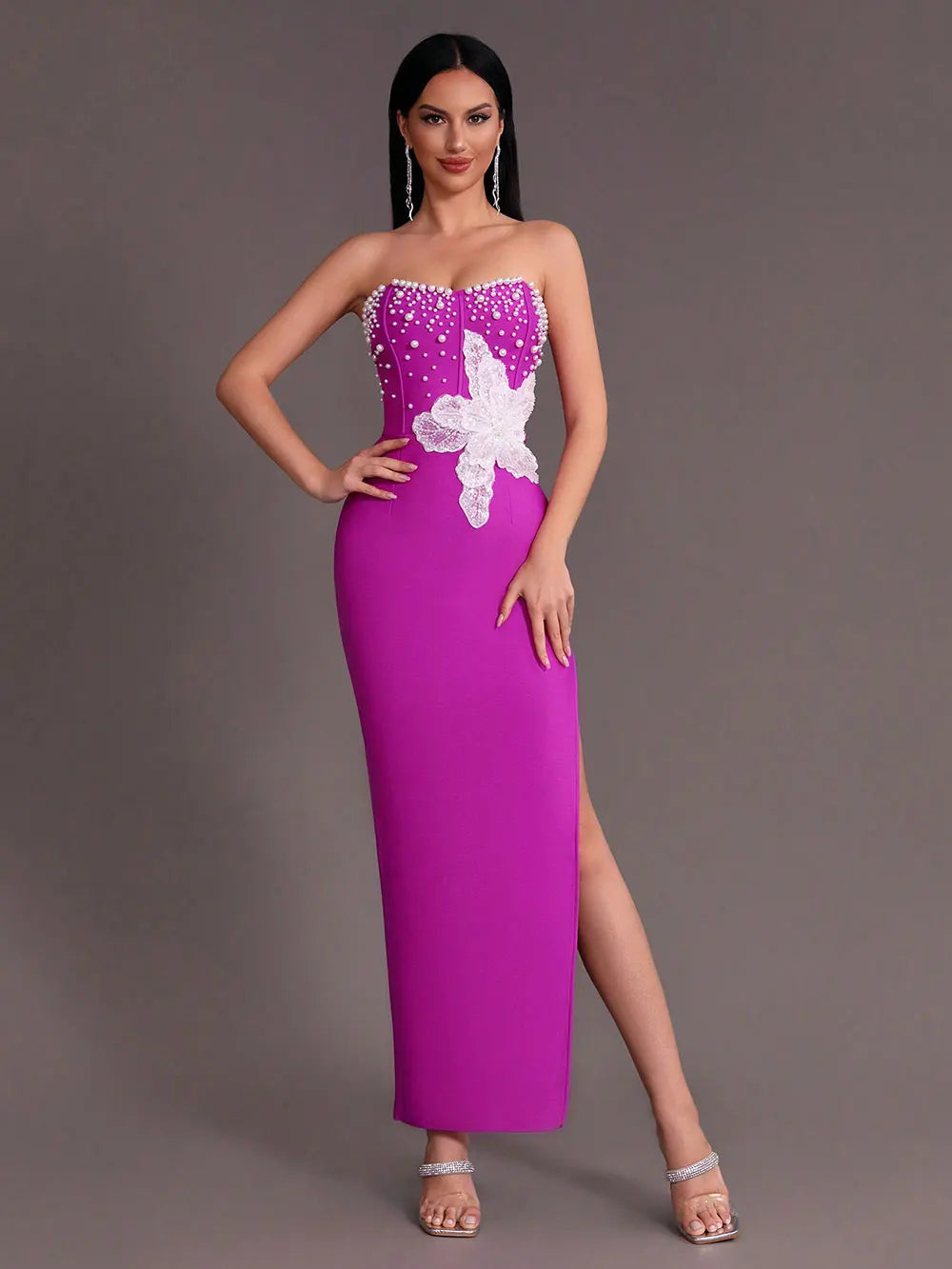 2025 Spring Sexy Women's 3D Flower Pearl Bandage Dress Strapless Sleeveless Bodycon Backless Long Dress Club Party Vestidos PURPLE