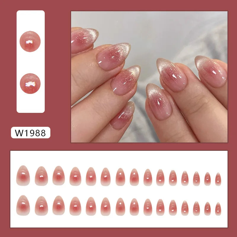 24pcs Shiny Green Cat Eye False Nails Cute Seal Print Fake Nails Tips Wearable Reusable Glossy Short Round Press on Nails 26