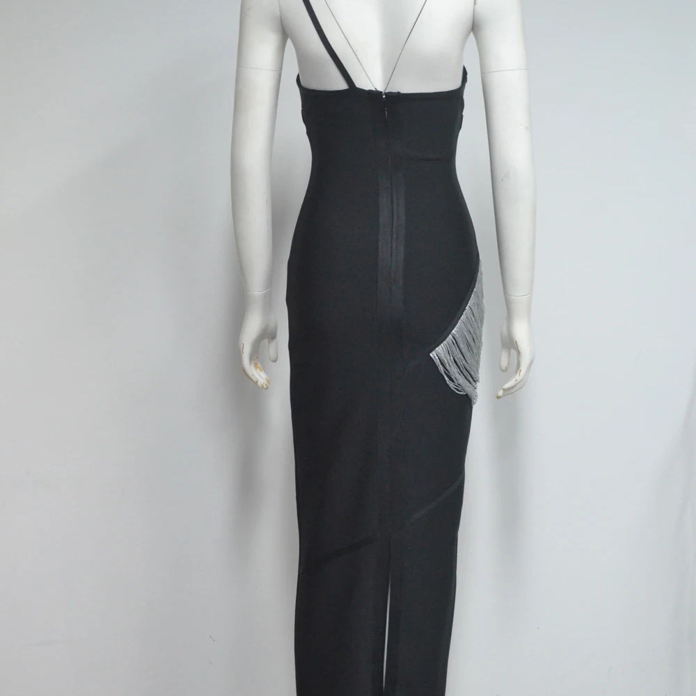 Women Sexy Halter Off the Shoulder Silver Tassels Bodycon Long Bandage Dress Evening Party Celebrate Cocktail Wear