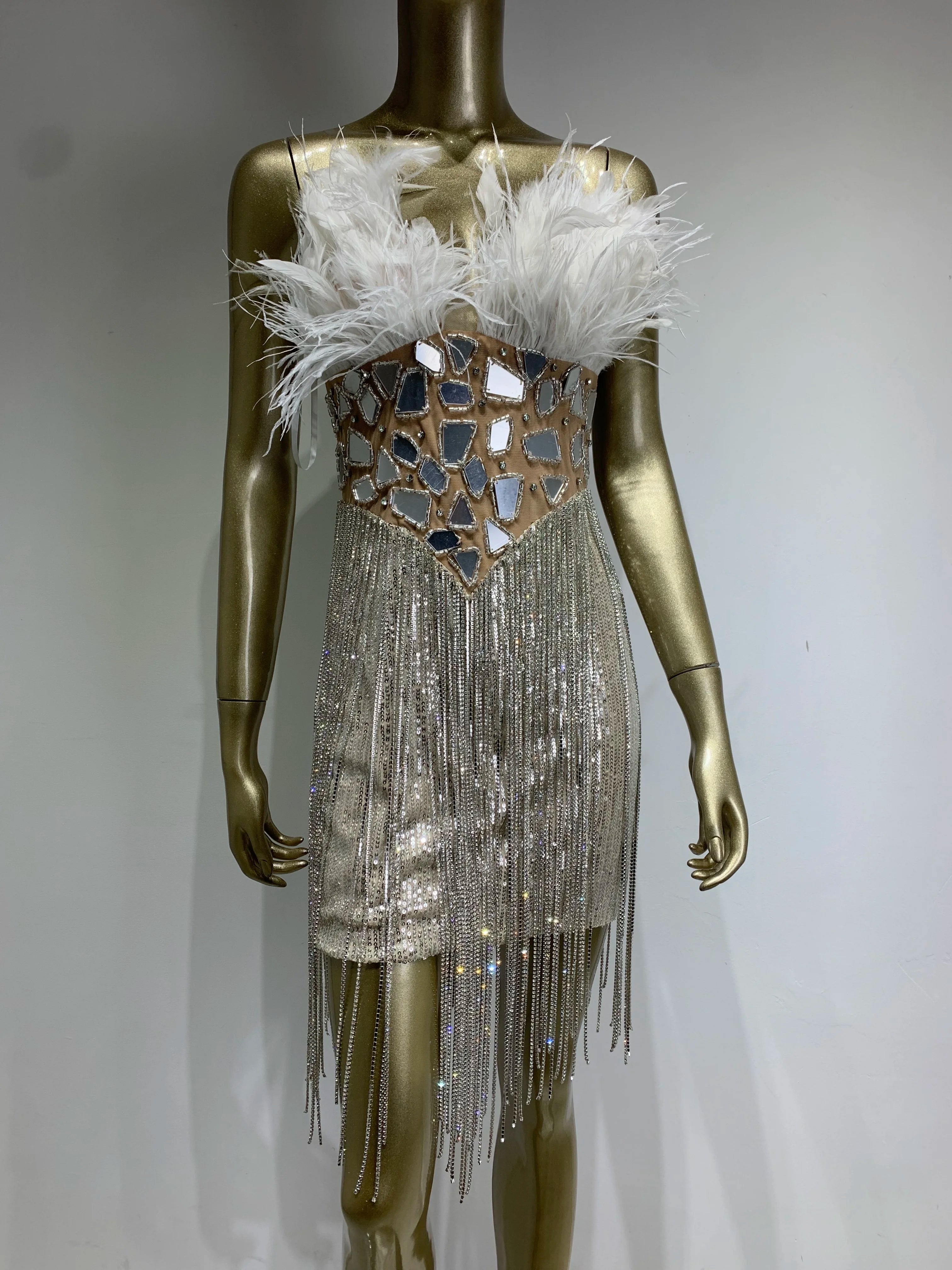 Women Summer Sexy Strapless Backless Mirror Feather Diamonds Sparkly Mini Bodycon Dress 2024 Elegant Evening Party Dress Vestido