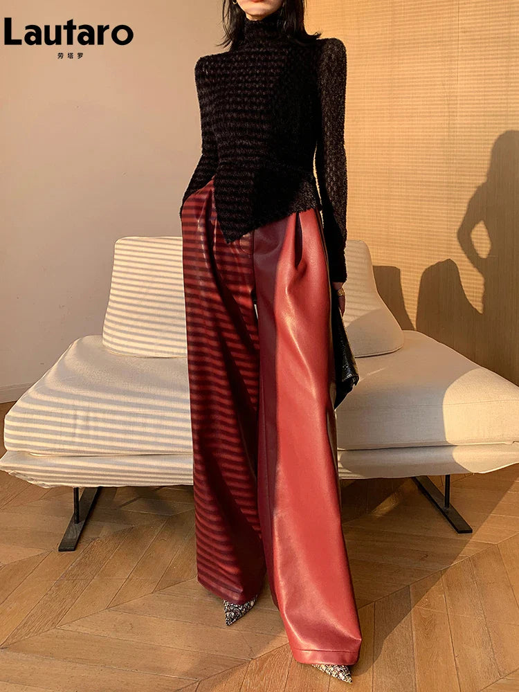 Spring Autumn Loose Casual Soft Black Burgundy Pu Leather Wide Leg Pants for Women High Waist Korean Style Fashion 2023
