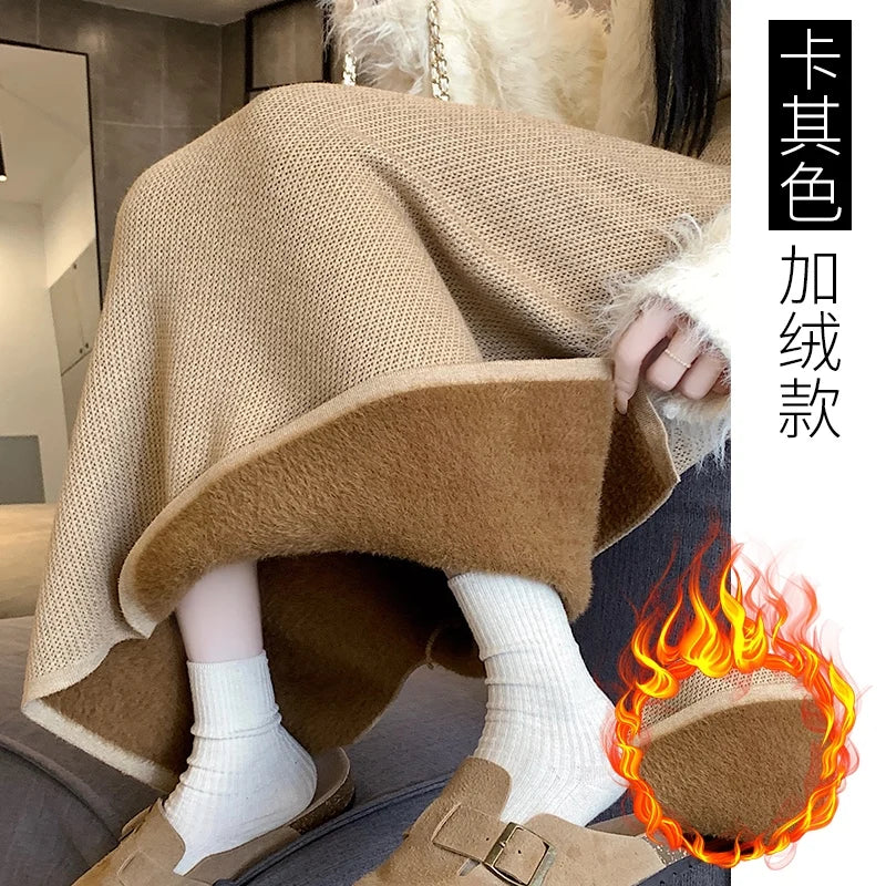 Women Sweater Skirt Pencil Knitted Skirt High Waist Skirts Womens Winter 2023 Long Warm Knitting Skirts Straight Split Bottoms Khaki Plus velvet