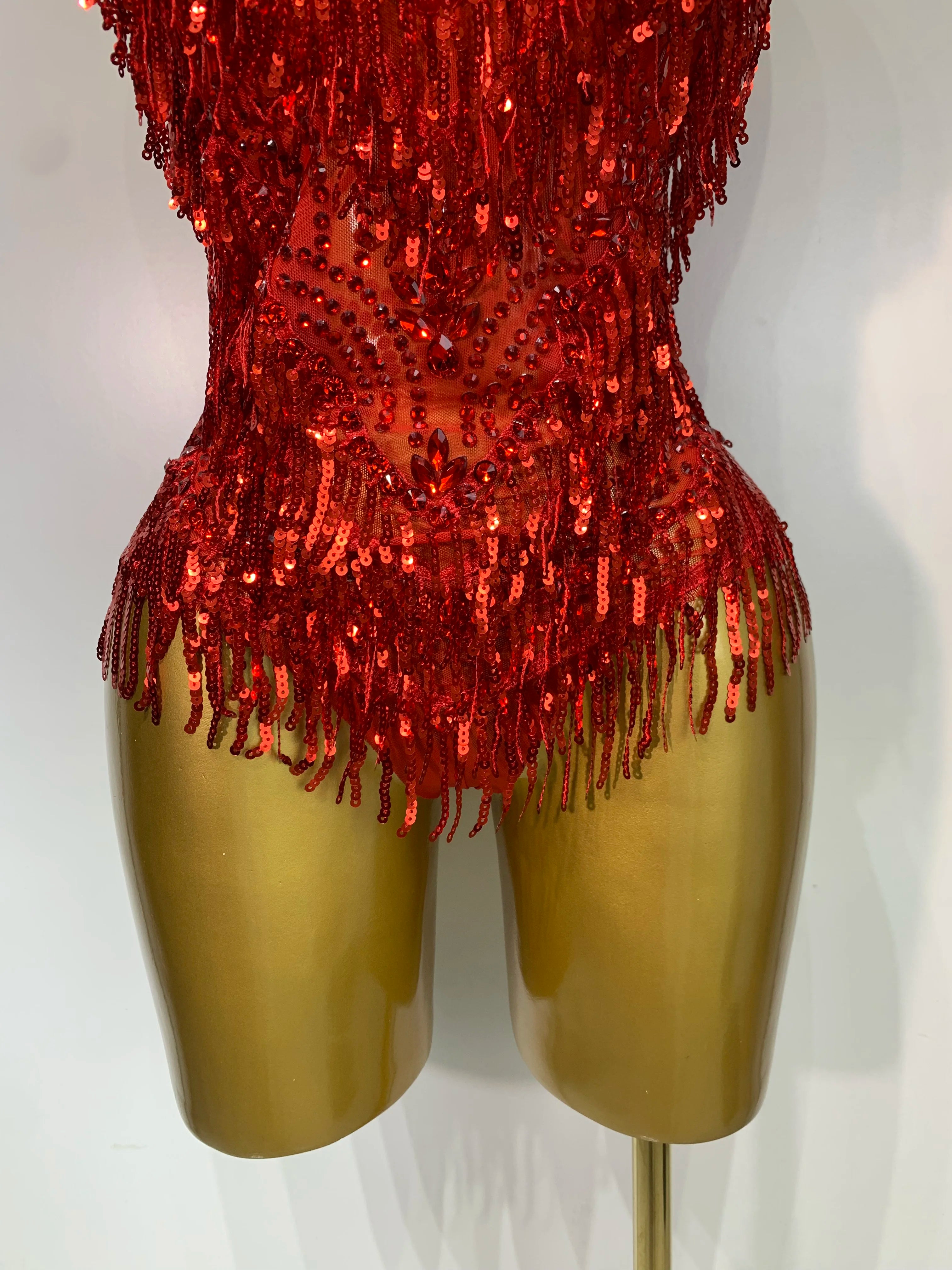 Sparkly Rhinestone Tassel Sexy Backless Mesh Bodysuit Women Luxury Birthday Party Nightclub Bar Dencer Stage performance Costume