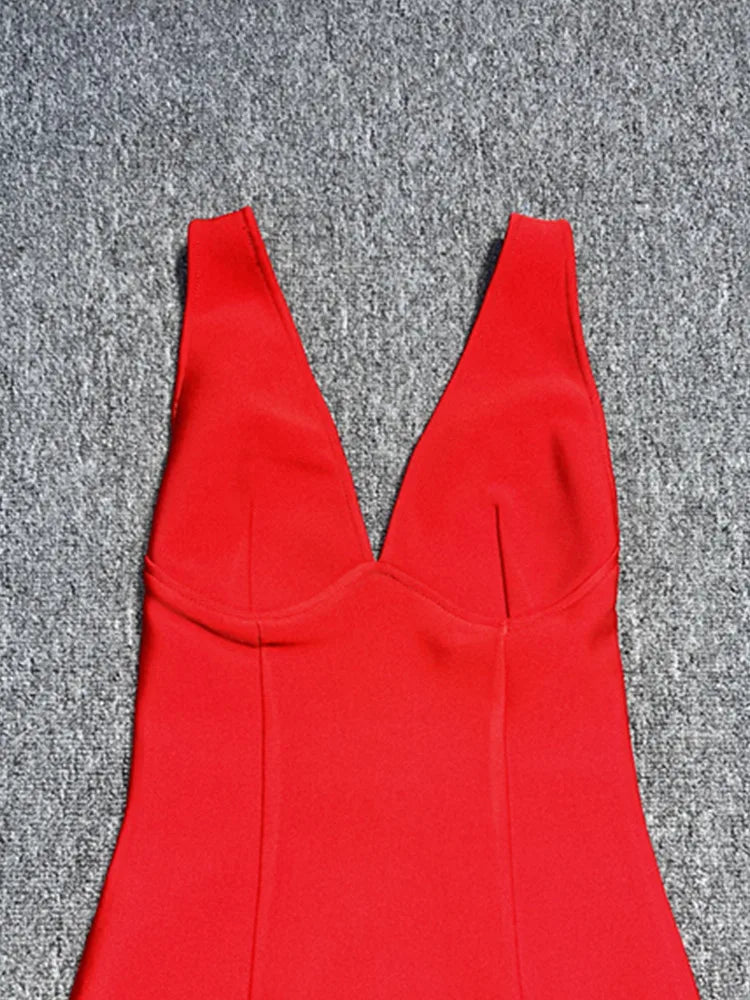 Women Sexy V Neck Backless Red Maxi Long Summer Celebrity Bodycon Bandage Dress 2025 Elegant Evening Club Party Dress