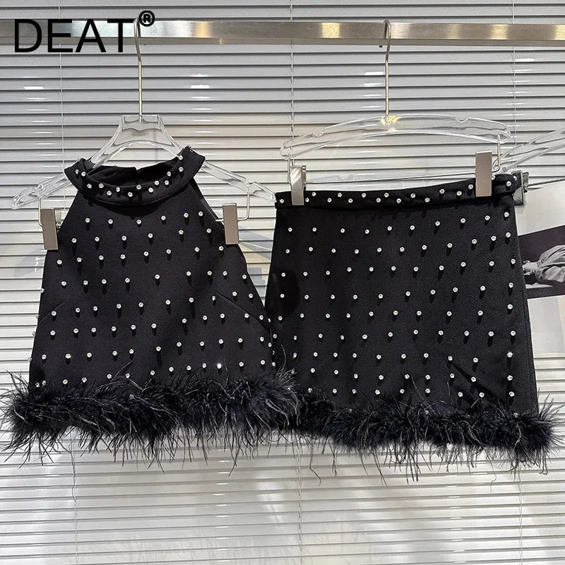 Winter New Fashion Rhinestone Feather Edge Halter Vest For Women Wrapped Hip A-line Skirt Female Trend 11A07864