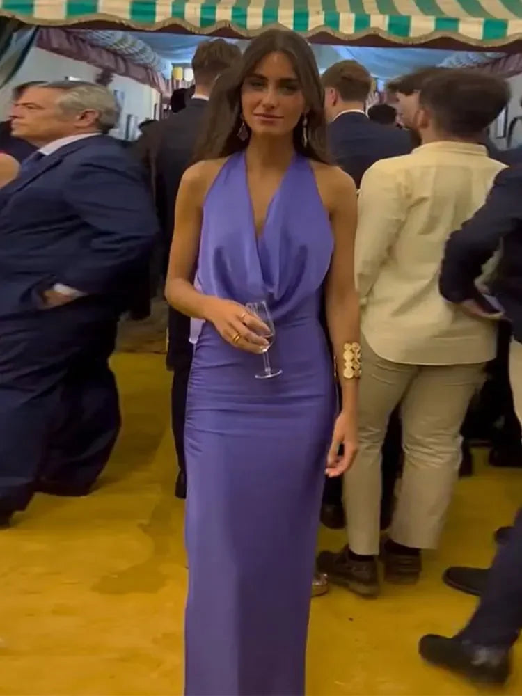 Elegant Purple Halter Lace Up Bodycon Midi Dress Women Sexy Blackless Sleeveless Side Split Robes Chic Summer Lady Party Dresses