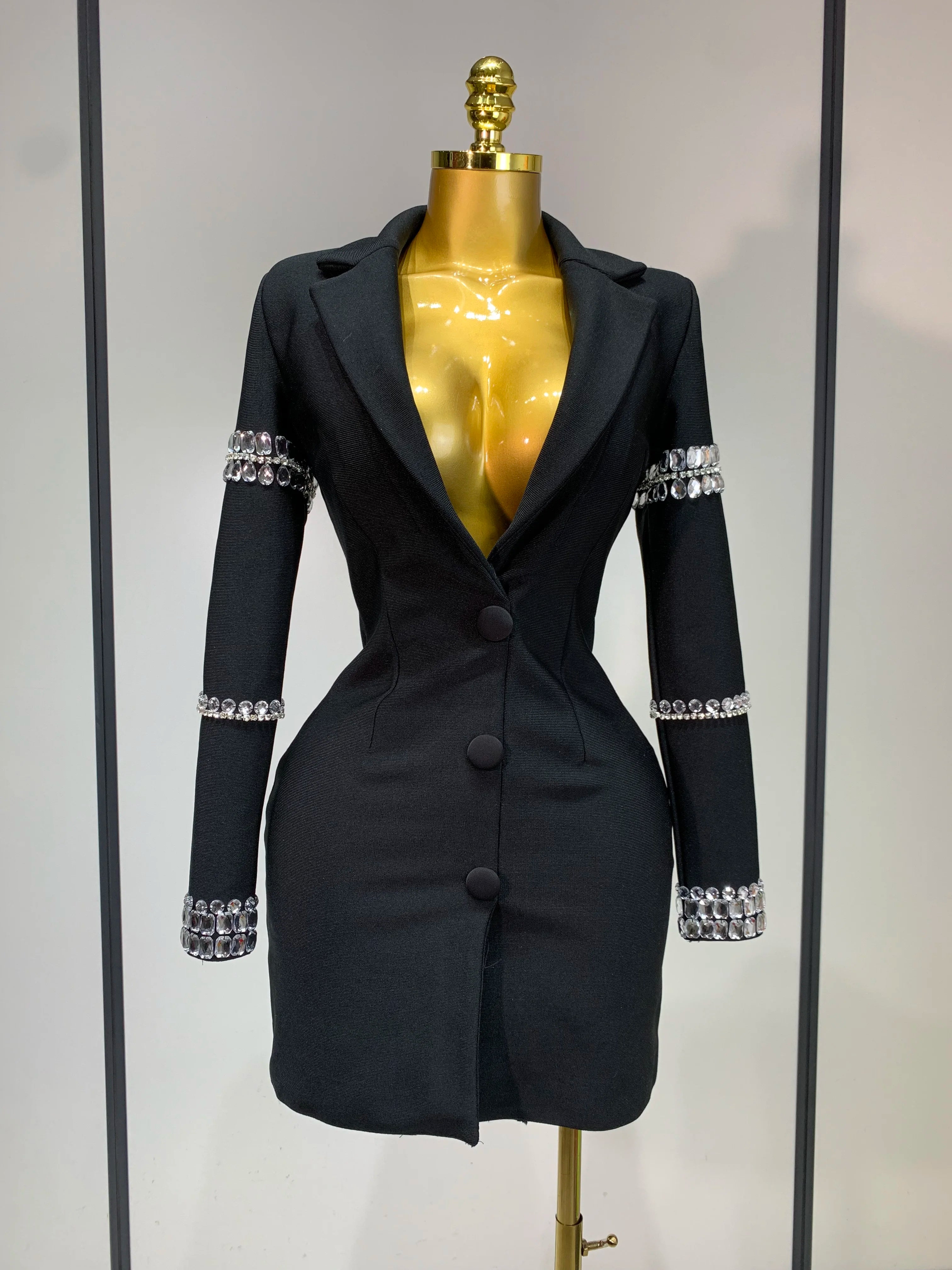 Women Sexy Long Sleeve V Neck Beading Rhinestone Mini Bodycon Bandage Dress 2025 Celebrity Elegant Evening Party Birthday Dress black