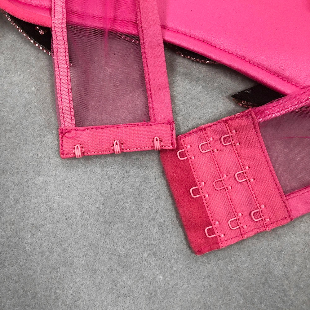 2025 Sexy Women'S Chiffon Patchwork Satin Diamond Studded Bra Top Spaghetti Strap Sleeveless Concealed Button Ultra Short Top