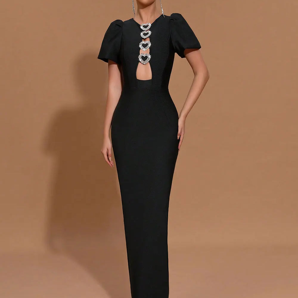2025 Sexy Women Three-Dimensional Heart-Shaped Design Hollow Bandage Dress O-Neck Short Sleeved Bodycon Black Long Dress Vestido