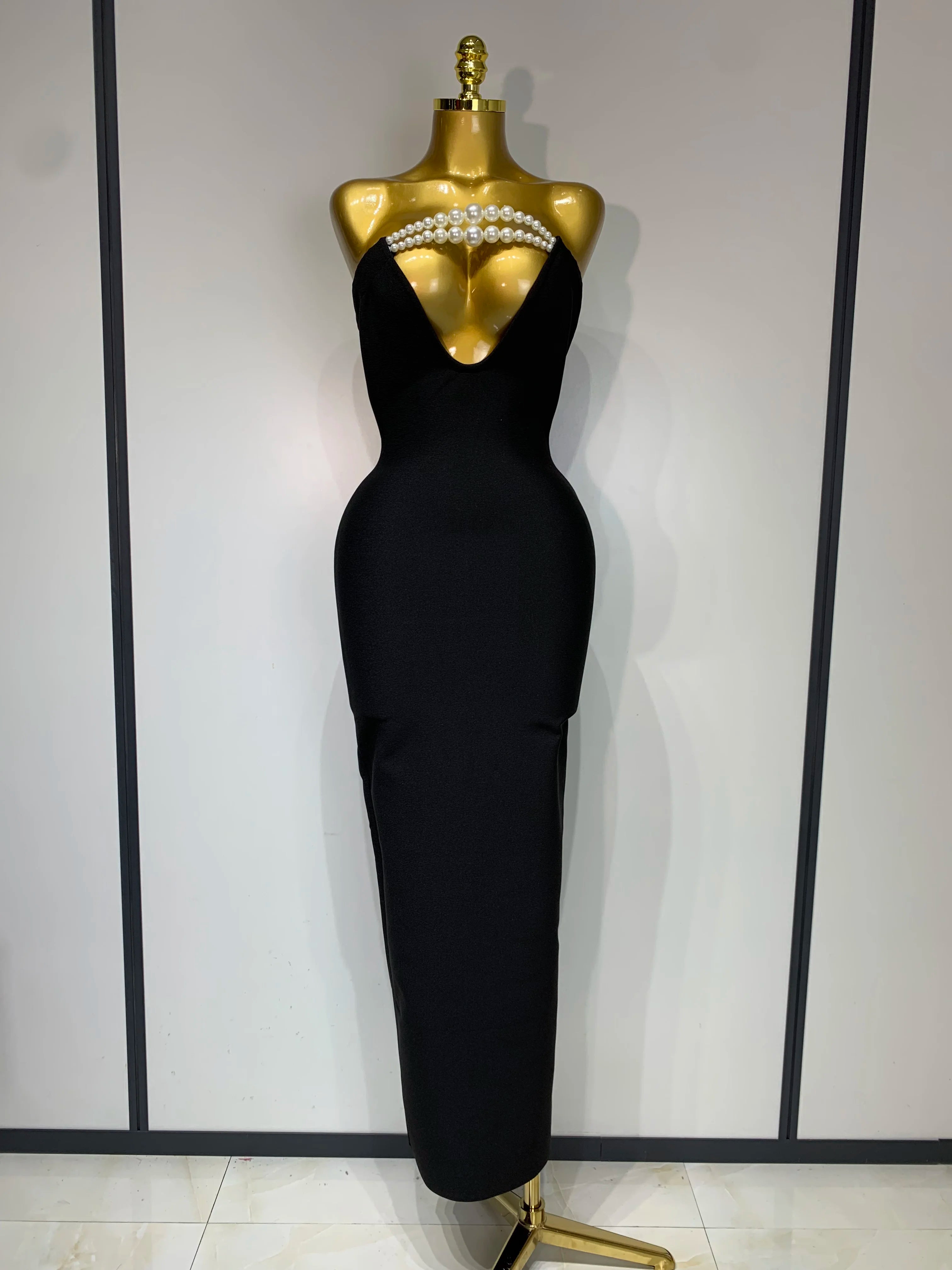 Women Sexy Backless Strapless Black Beading Long Bandage Bodycon Dress 2025 Celebrity Elegant Evening Luxury Birthday Dresses black