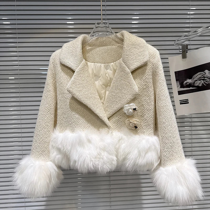 Winter New Fashion High-end Fox Fur Patchwork Woolen Suit Collar Cotton Short Coat For Women Elegant Jacket 11A07690 beige