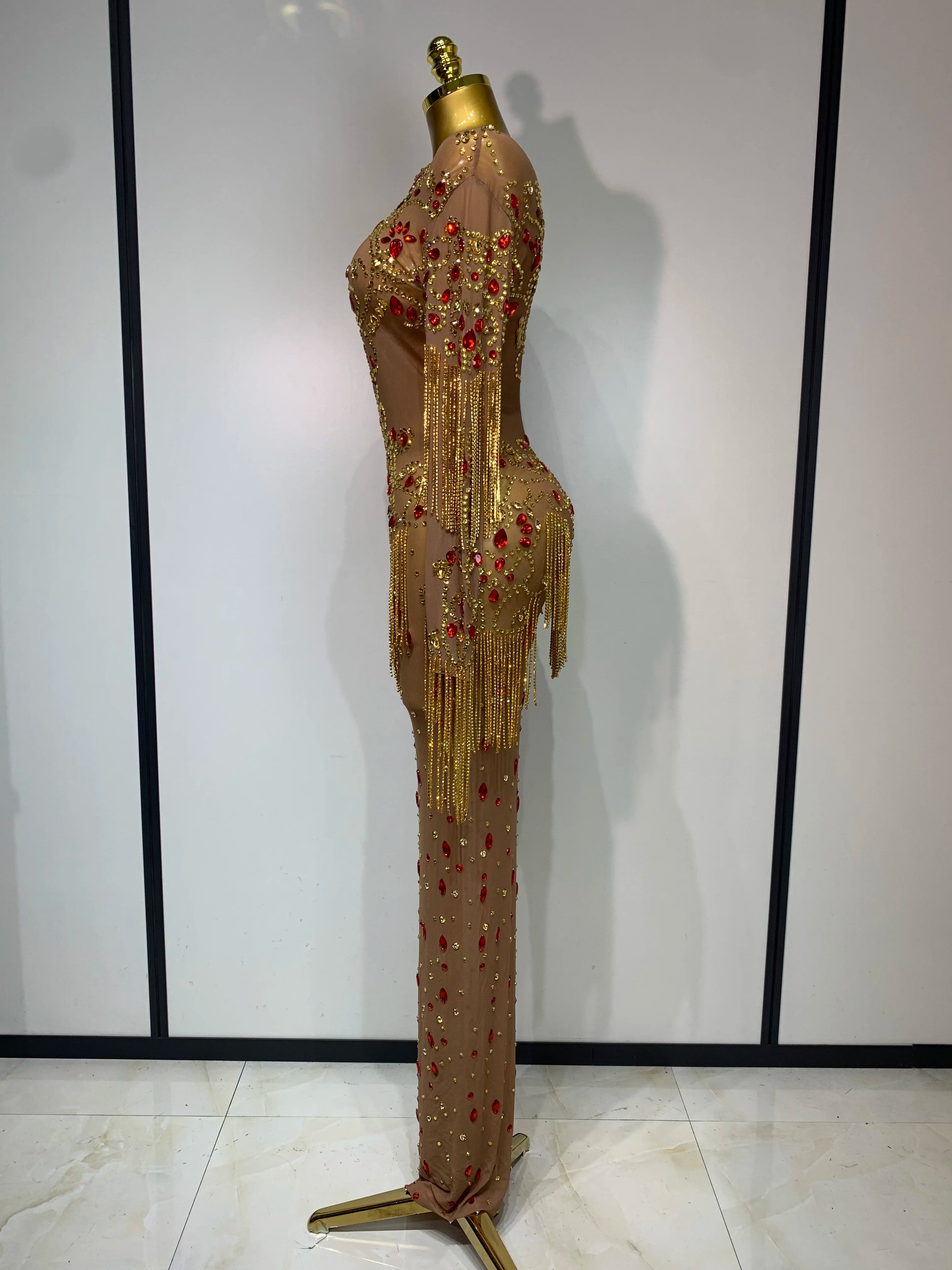 See Through Elastic Mesh Sparkly Rhinestone Stage Performan Costume Luxury Birthday Evening Party Wedding Dress