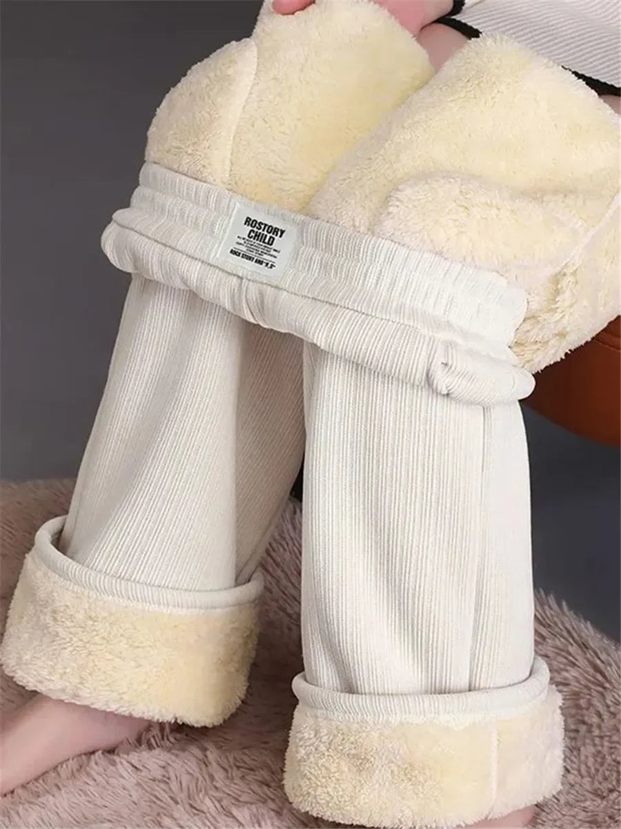 Winter Fleece Lined Wide Leg Pants CasualThicken Warm Baggy Sweatpants Women HighWaist Korean Lamb Fluff Straight Pantalones Beige