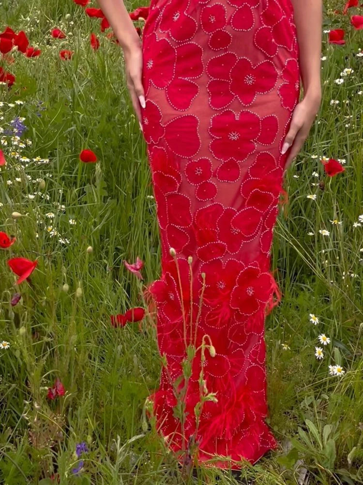 Romantic Sleeveless Red Floral Mermaid Dress for Garden Weddings Party Evening Gown