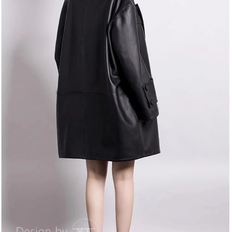 Lautaro Spring Autumn Long Black Oversized Black Pu Leather Trench Coat for Women Elegant Luxury Designer Clothes Cardiagan 2025