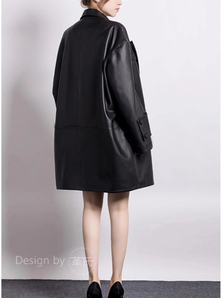 Lautaro Spring Autumn Long Black Oversized Black Pu Leather Trench Coat for Women Elegant Luxury Designer Clothes Cardiagan 2025