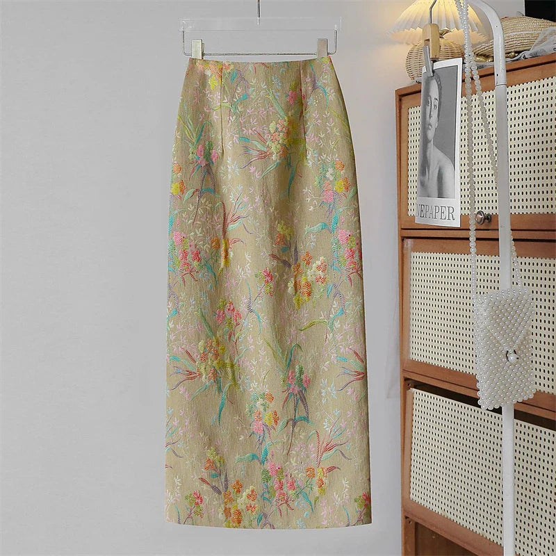 Women Chinese Style Vintage Floral Embroidery Elegant Party Midi Skirts Summer High Waist Slim Pencil Skirt Ropa De Mujer Khaki