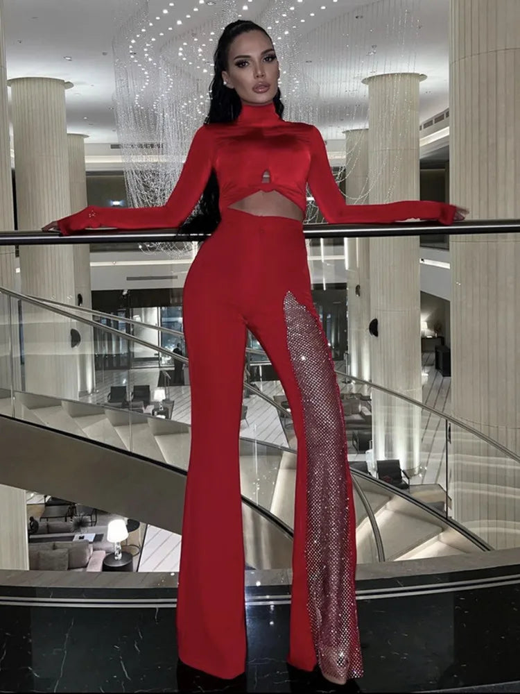 Women Summer Fashion Sexy Black Red White Crystal Dianonds Flare Bandage Pants 2022 Designer Knitted Bodycon Trouser Pants