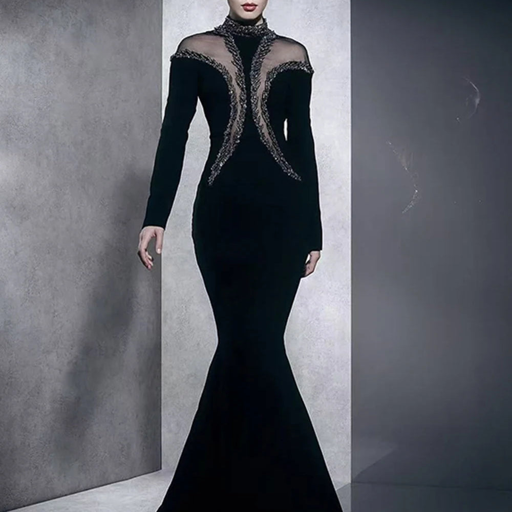 Newest Fashion 2025 Designer Party Vestido Women'S Diamonds Mesh Long Sleeves Bodycon Mermaid Long Maxi Dress