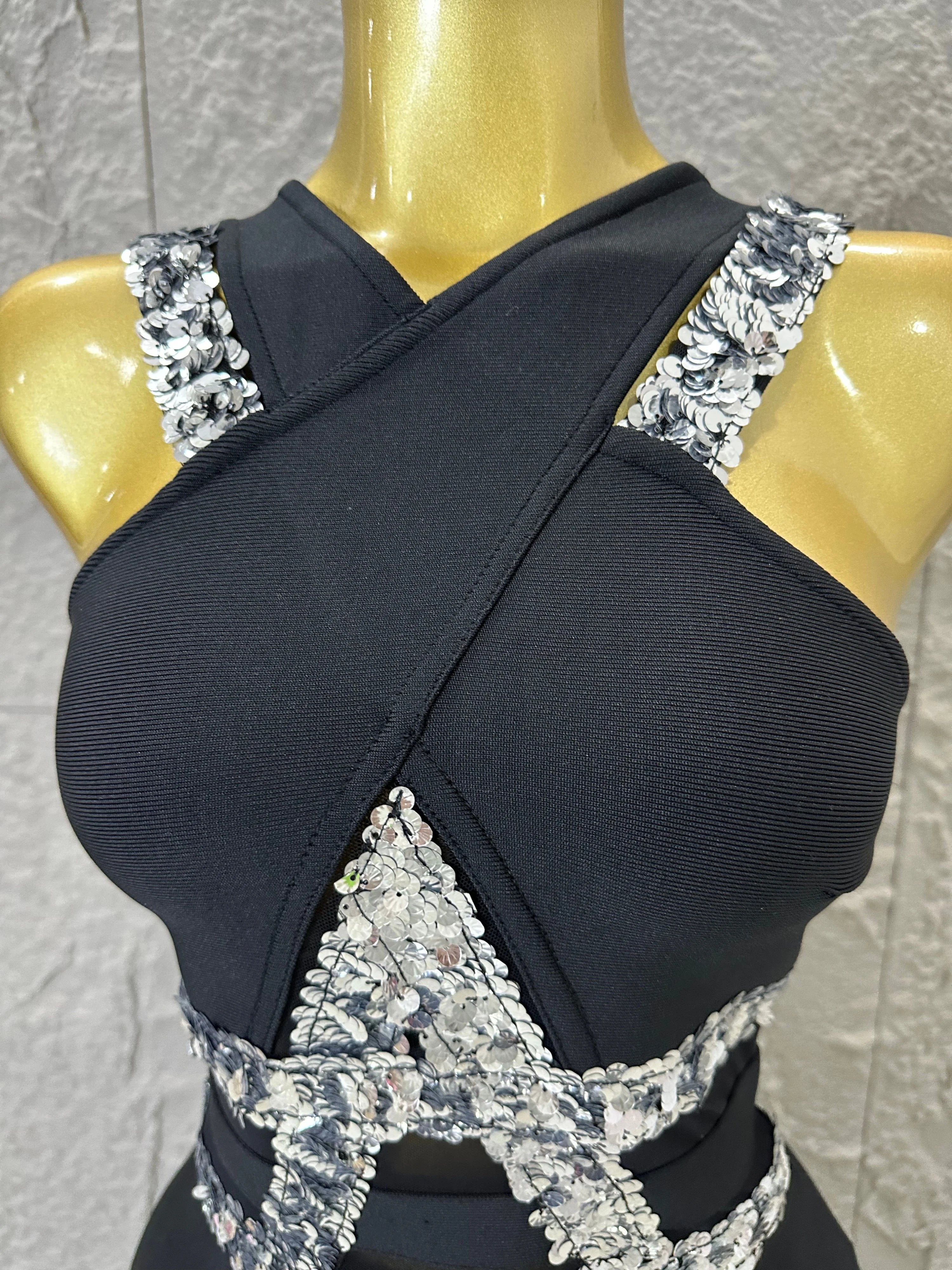 Elegant Black Halter Neck Maxi Dress Women Sexy Crisscross Crystal Embellished Sheer Mesh Cutout Waist Form-Fitting Outfit