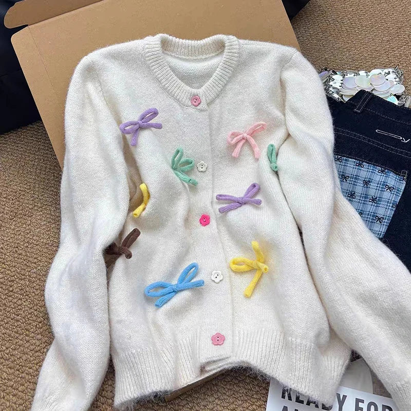 Autumn Winter New Sweet Bowknot Knitted Cardigan For Women Versatile Single-breasted Sweater Coat Trendy 11A07914 Creamy-white One Size