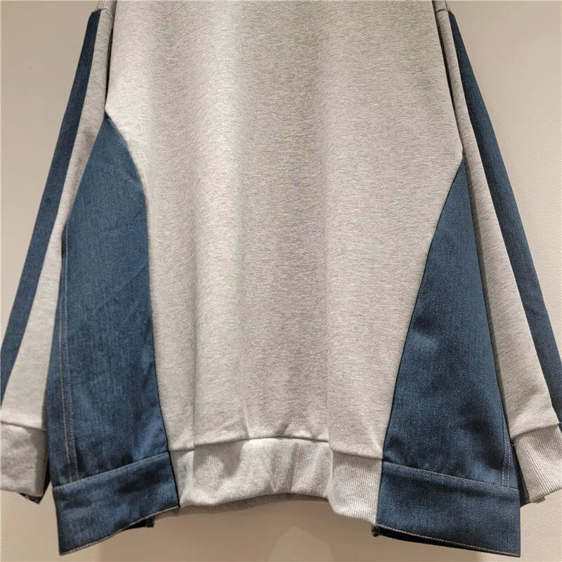 Autumn Winter New Fashion Denim Patchwork Round Neck Long Sleeve T-Shirt For Women Loose Casual Sweatshirt 11A07719