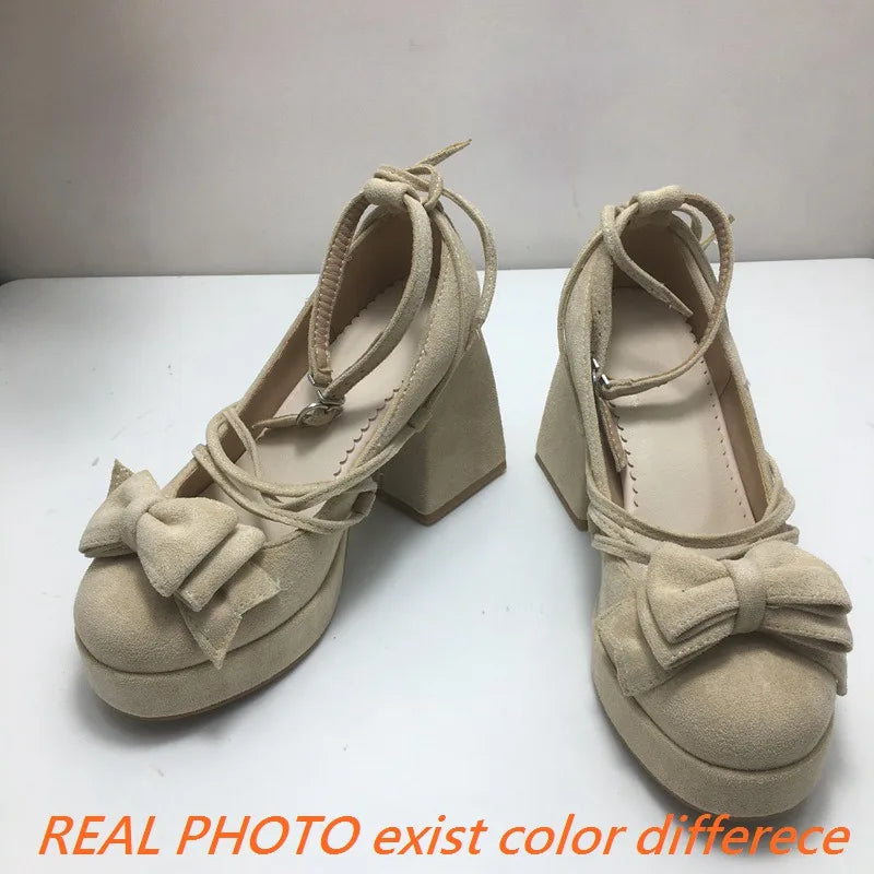 SIMLOVEYO Lolita Women Pumps 32 33 Round Toe Chunky High Heels 9cm Platform Bowknot Ankle Strap Big Size 44 45 Sweet Shoes