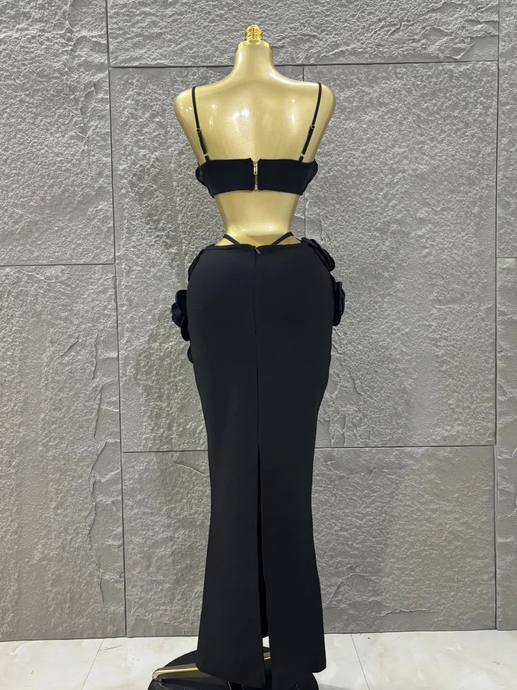 Hot Sale Women Sexy Strap Florlas 2 Pieces Bodycon Long Bandage Dress Nightclub Party Bar Singer Celebrate Birthday Outfit