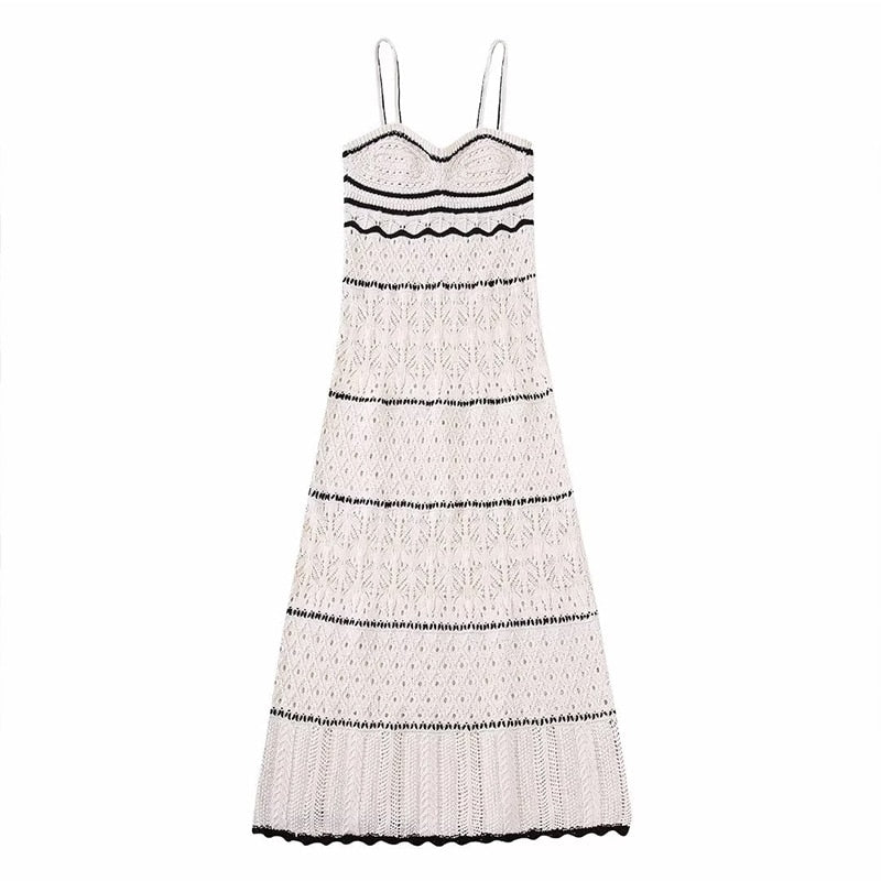Summer New Dress - Beach Style Knitted Slim Fit Slim Strap Long Dresses Color Knitted Hollow Elegant Tight Vestidos As Picture